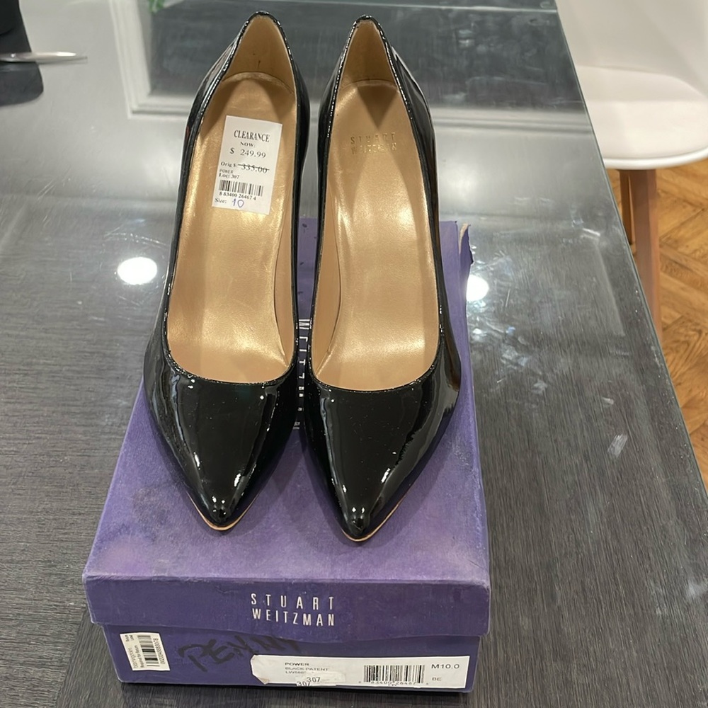 Brand new Stuart Weitzman Power black patent leather pumps with box. Size 10